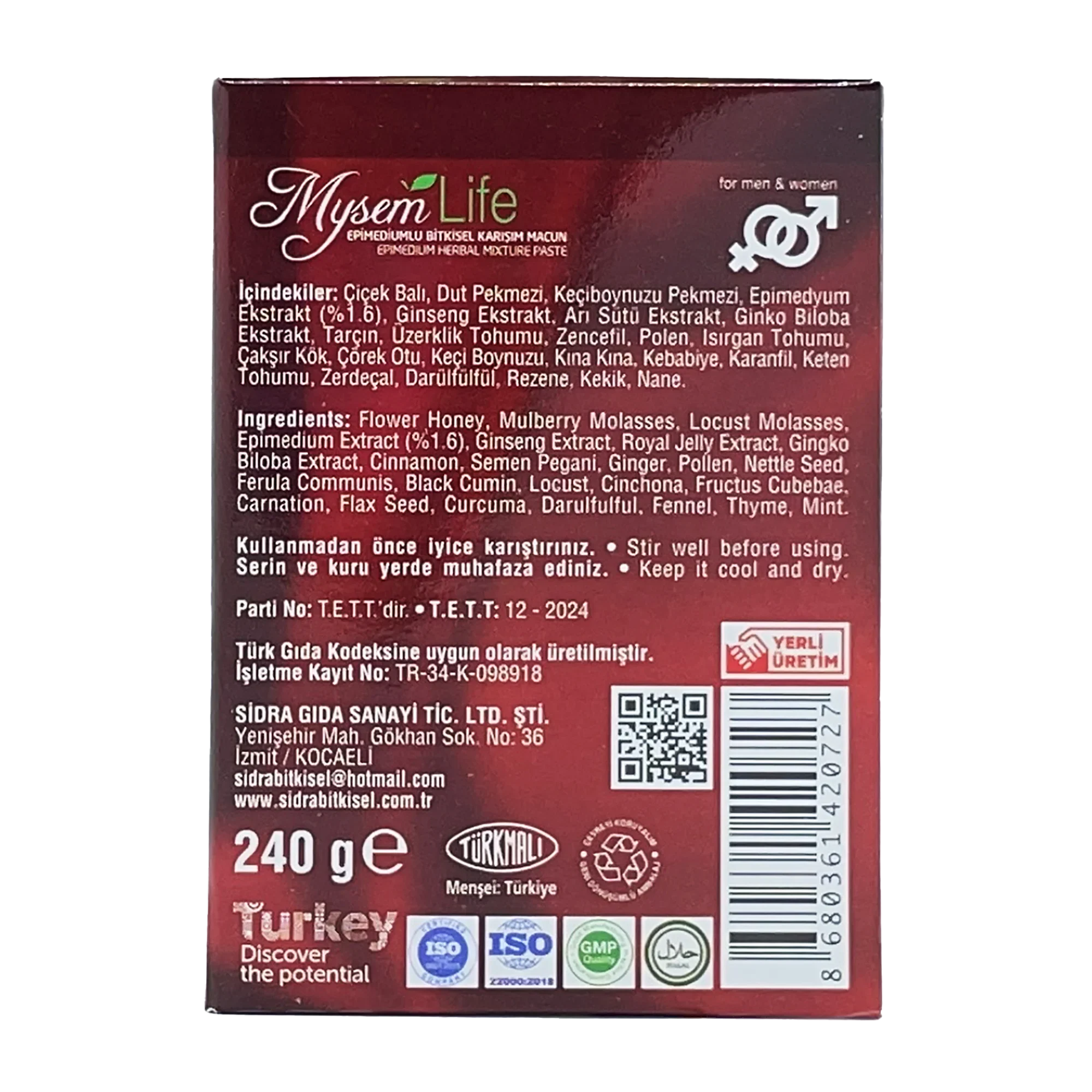 Sidra Mysem Life Aphrodisiac Herbal Honey with Epimedium, 240 g - Ingredients